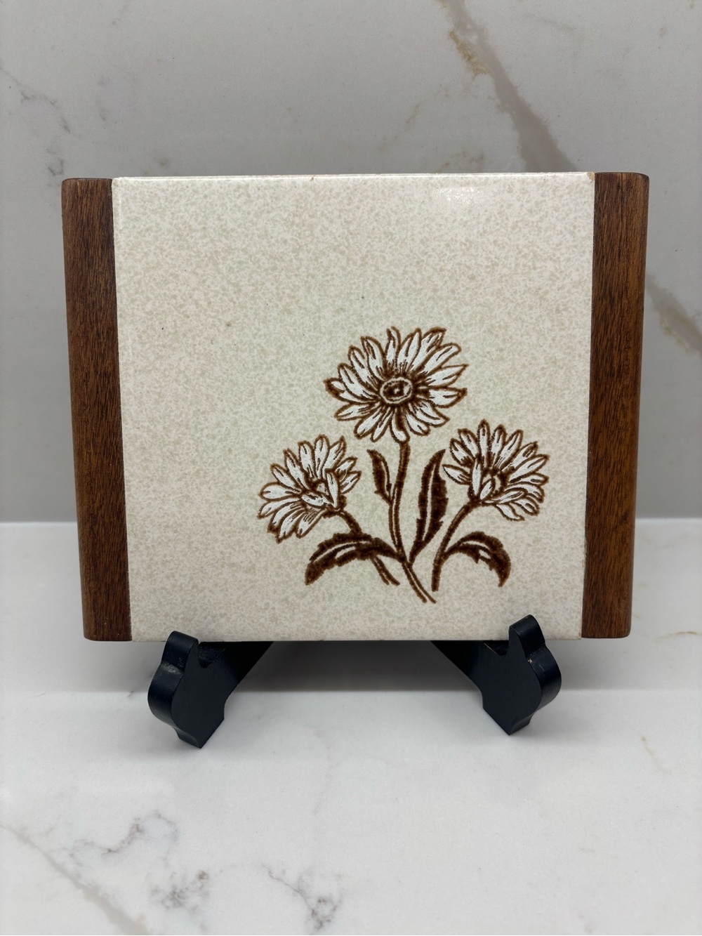 Vintage 1970s Cristal Made in England Floral Daisy Tile Wooden Trivet MCM 70s